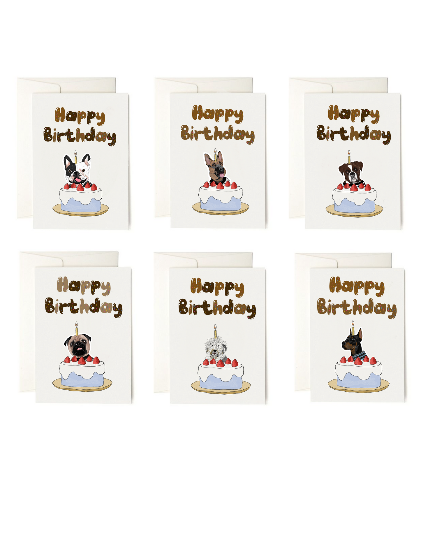 Dog Birthday Cake Cards + envelopes | 6 Cards mix per Pack | Illustration Folding Cards