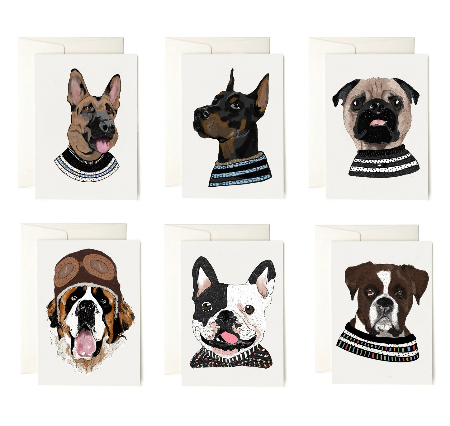 Dog sweater Cards + envelopes | 6 Cards mix per Pack | Dog Illustration Folding Cards