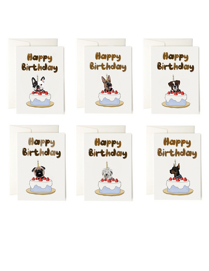 Dog Birthday Cake Cards + envelopes  | 6 Cards mix per Pack | Illustration Folding Cards