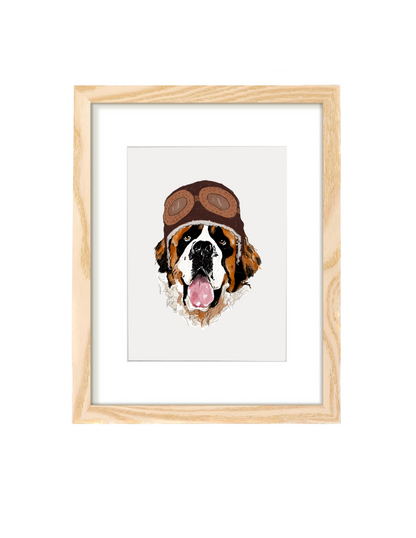 Dog Illustration wall art Print | St Bernard with vintage aviator hat | Home decor