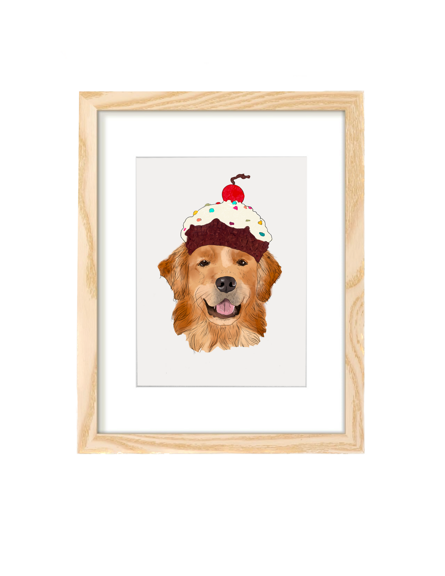 Dog Illustration wall art Print | Golden retriever with cupcake hat | Home decor