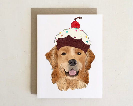 Golden Retriever cupcake hat Cards + envelopes|6 Cards per Pack|Dog Card |Dog Illustration Folding Cards