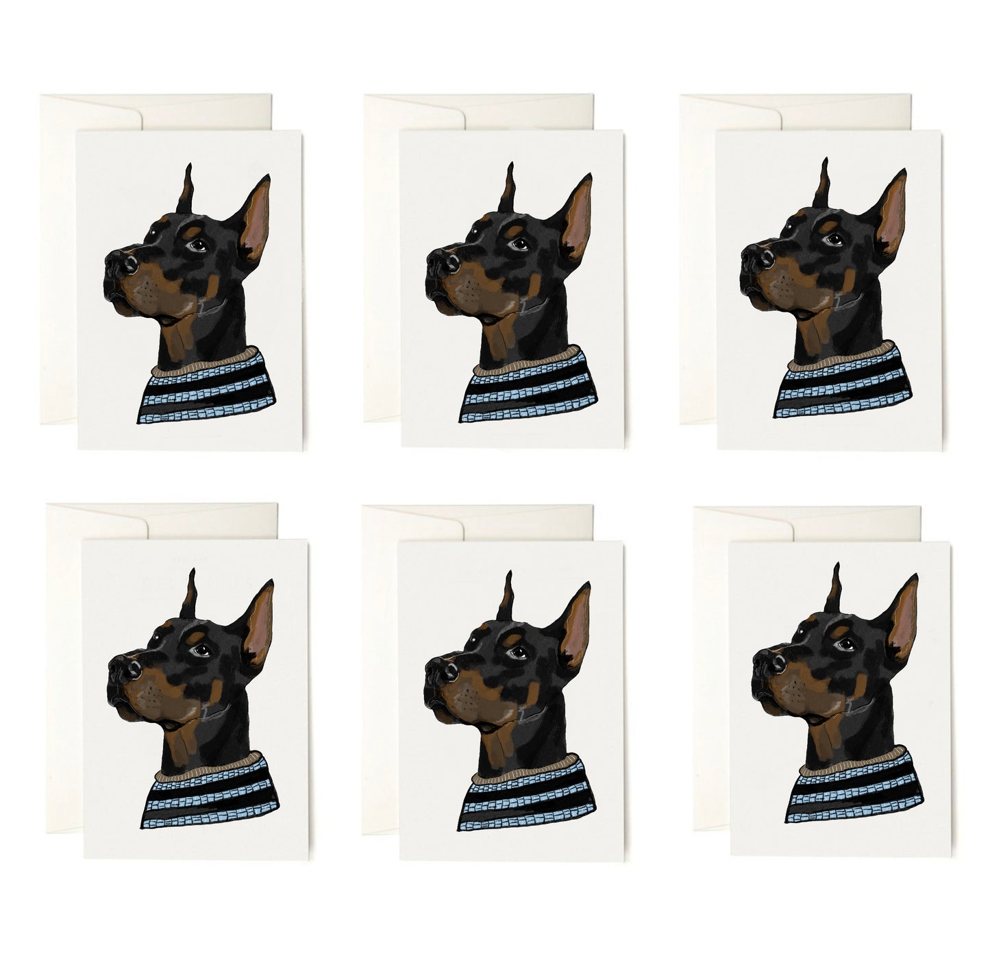 Doberman Sweater Card + envelopes 6 Cards per Pack| Dog Card | Dog Illustration Folding Cards