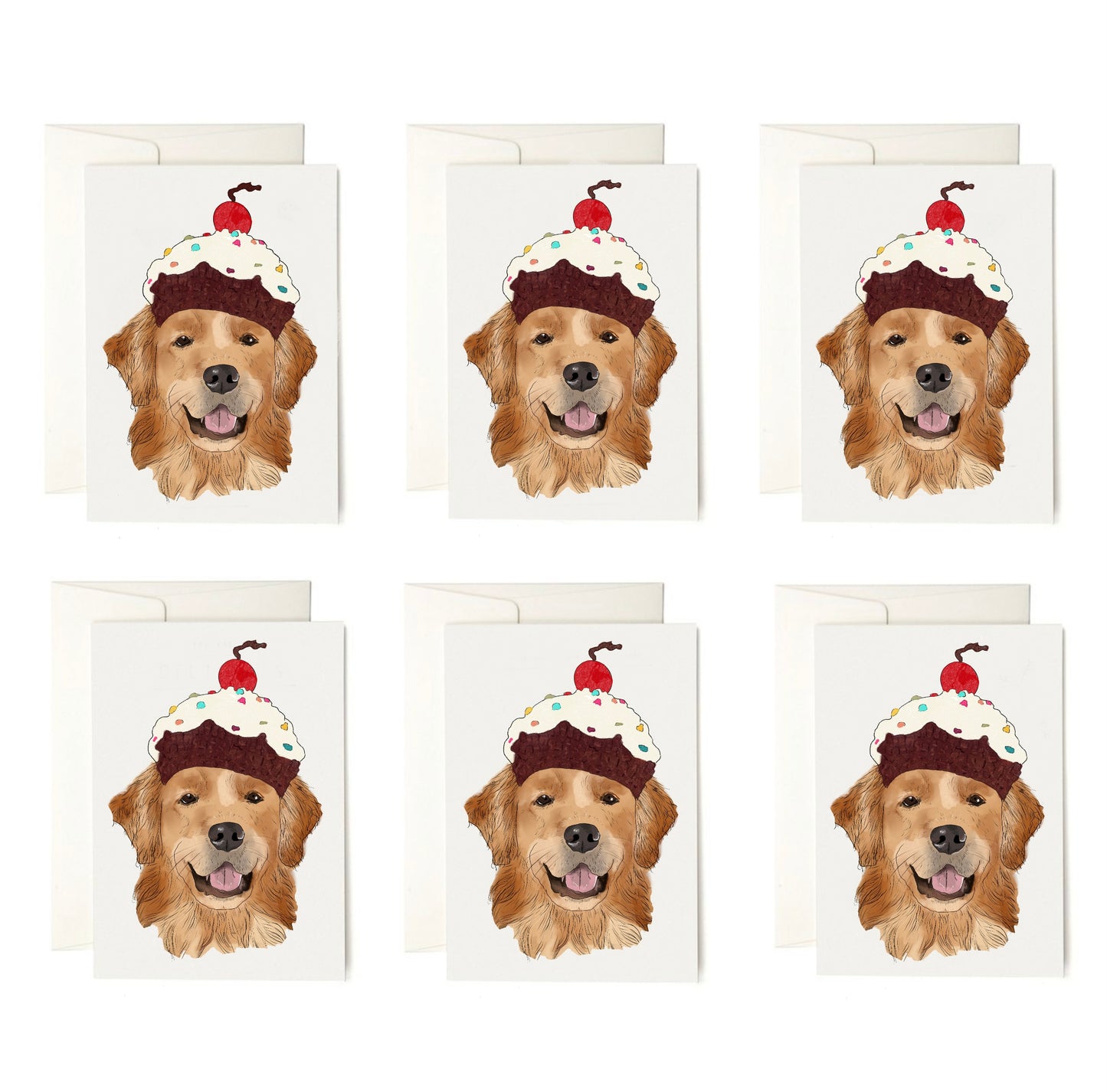 Golden Retriever cupcake hat Cards + envelopes|6 Cards per Pack|Dog Card |Dog Illustration Folding Cards