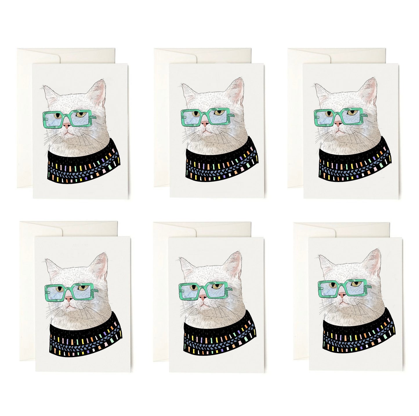 Cat sweater Cards + envelopes  | 6 Cards per Pack |  Cat Card |Cat Illustration Folding Cards