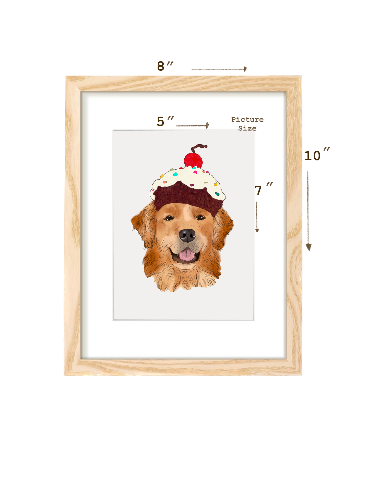 Dog Illustration wall art Print | Golden retriever with cupcake hat | Home decor